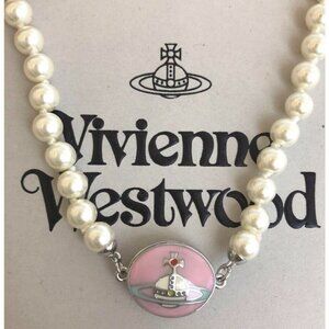 Vivienne Westwood Pink Orb 1 Row Pearl Pendant Necklace White with drawstring